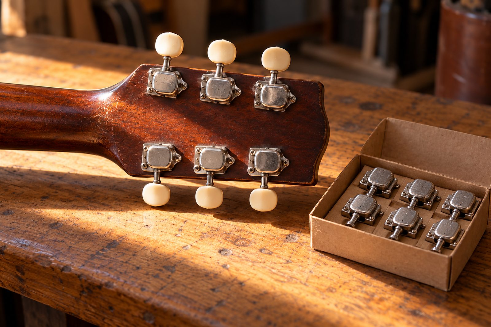 Rückseite der Kopfplatte einer alten Gitarre mit sechs Mechaniken und cremefarbenen Knöpfen, daneben ein Karton mit sechs neuen Mechaniken ohne Knöpfe (KI-Illustration)